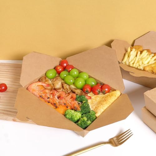 50 Pack 47 oz Large Takeout Food Container, Heavy-duty Microwave Kraft Paper Takeout Box, Leak Proof and Oil Resistant Paper Lunch Box, Cardboard takeout box for Restaurants, Homes, and Gatherings