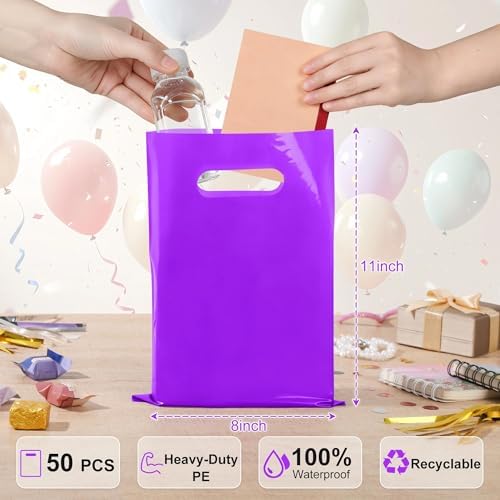 VieFantaisie 50 PCS Purple Party Favor Bags, 8" x 11" Goodie Bags for Candy Treat Craft Easter Egg, Plastic Gift Bag with Die Cut Handles for Birthday Party, School Events & Small Business, Wedding