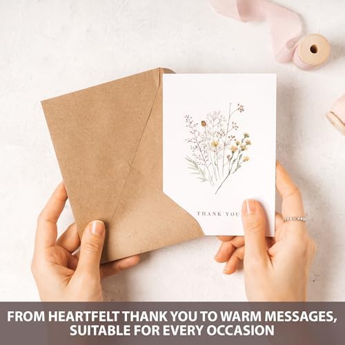 AUDREE Wildflower Thank You Cards with Envelopes (50 Pack 3.5" x 5.2") – Floral Thank You Notes with Adhesive Envelopes & Matching Stickers for Weddings, Baby & Bridal Showers