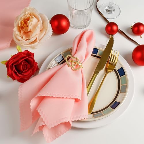 Valentine's Day Cloth Napkins Set of 4, Pink Polyester Dinner Napkins Washable Reusable, Wave Lace Table Cloth Napkins for Christmas Thanksgiving Festival Holiday Dinner Table Decoration