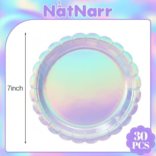 NatNarr 30 Pack Iridescent Plates, 7" Holographic Dessert Cake Plates