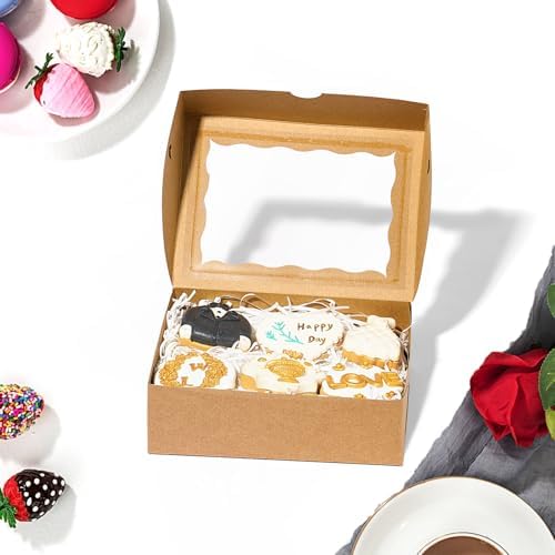 20PCS Brown Cookie Boxes with Window, 8x6x2.5 Inch Gift-Ready Pastry Box for Chocolate Strawberries, Macarons, Truffles, Perfect for Thanksgiving Day,Father's Day, Christmas Party Favors
