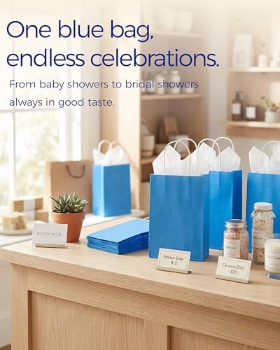 SUNCOLOR 24-Pack Blue Gift Bags with Handles, 8" Goodie Bags for Party Favors, Baby Showers, Birthdays