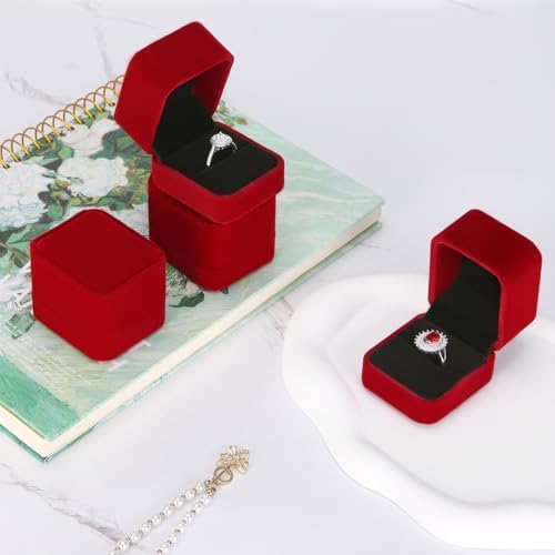 LETURE 4 Pieces Velvet Ring Gift Boxes Set, Earring Pendant Jewelry Case, Jewellry Display Box for Wedding, Engagement,Proposal, Birthday and Anniversary (Red)