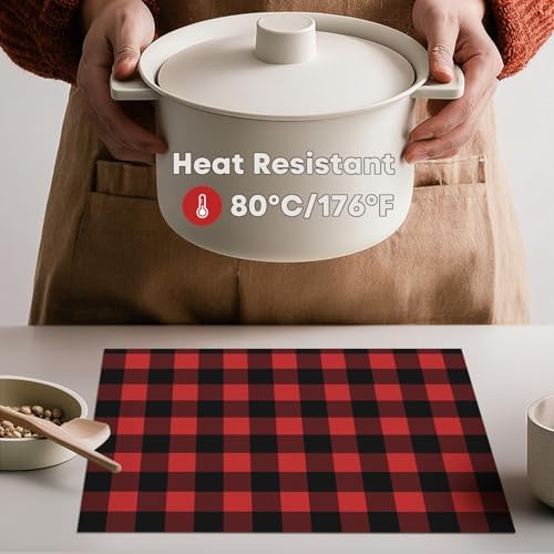 Artoid Mode Buffalo Plaid Vinyl Placemats Set of 4, 12x18 Inch Washable Non-Slip Heat Resistant Plastic Place Mats for Party Dining Table, Black/Red
