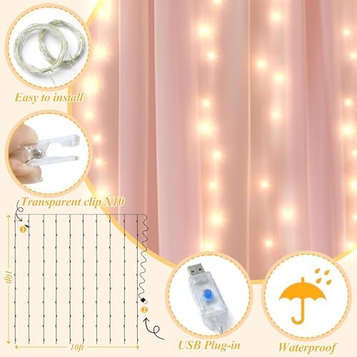 Ledido 10×10ft Pink Tulle Backdrop Curtain with Light(2 Panels 5×10ft)