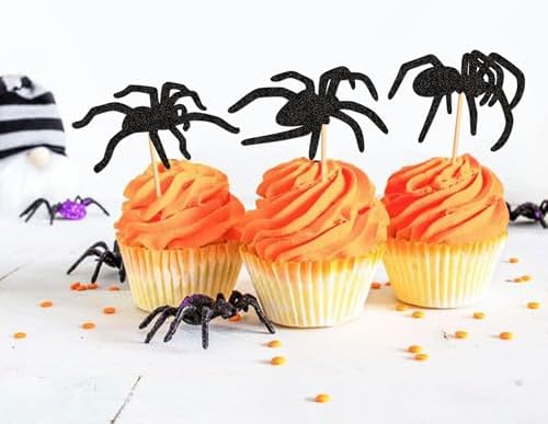 Ercadio 32Pcs Glitter Black Spiders Cupcake Topper Halloween Spider Cupcake Picks Horrible Animal Food Picks for Halloween Spider Birthday Cupcake Decoration Halloween Party Supplies