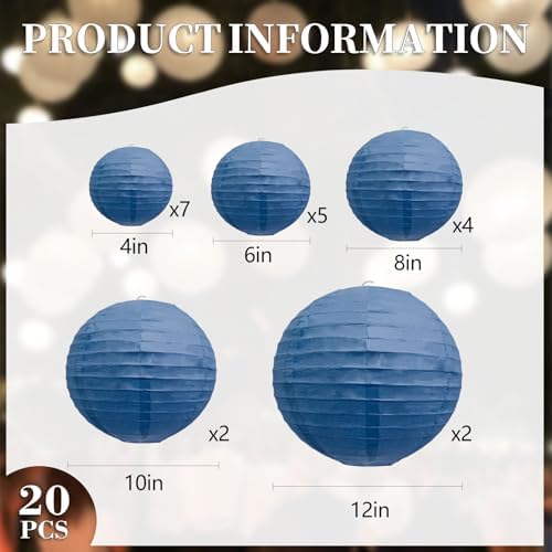 20Pcs Navy Blue Paper Lanterns for Parties, 4” 6” 8” 10” 12” Chinese Asian Hanging Round Paper Lanterns for Birthday Wedding Halloween Christmas Home Decor Party Decor