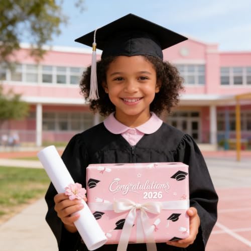 Cuitpan 2026 Graduation Wrapping Paper - 4 Jumbo Sheets,28x40 Inches, Pink Cap & White Diploma Design, Gift Wrap for Graduates, Graduation Parties, Seniors, School Events