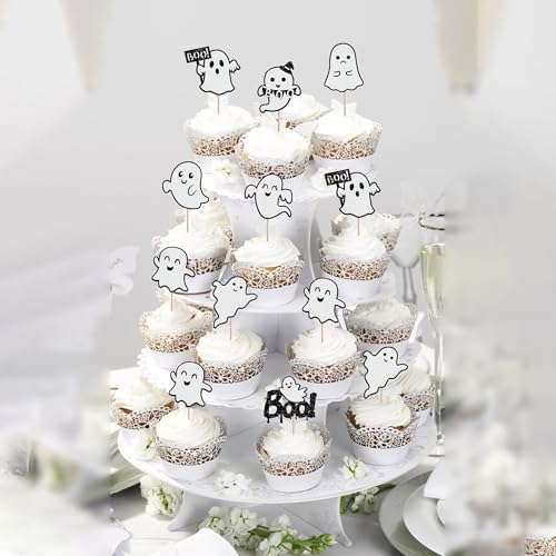 24 PCS Ghost Boo Cupcake Toppers Glitter Little Boo Ghost Cupcake Picks Halloween Party Decorations for Halloween Theme Spooky Baby Shower Kids Birthday Party Cake Decorations Supplies Black