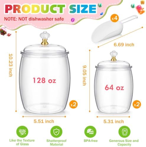 Mwellewm 4Pc Candy Jars with Lids 1 Gallon/64 OZ Clear Plastic Cookie Container with Scoops Large Airtight Apothecary Storage Organization Snack Buffet Canister for Wedding Home Kitchen Bar Decoration