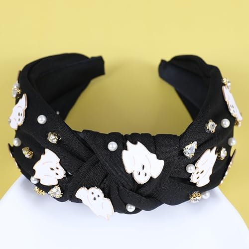Halloween Ghost Headbands for Women Girls Spooky Beaded Crystal Rhinestone Knotted Headband Ghost Costume Hair Accessories Halloween Holiday Cosplay Party Favors