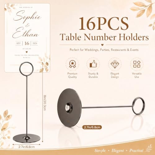 Urban Deco 16 Pieces Table Card Holder 8 inches Table Number Holders Place Steel Card Holders for Photos, Food Signs, Memo Notes, Weddings, Restaurants, Birthdays (Black)