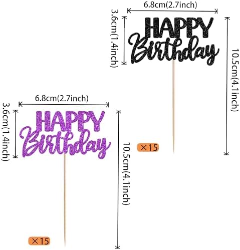30 PCS Happy Birthday Cupcake Toppers Glitter Happy Birthday Cupcake Picks for Celebrating Anniversary Theme Christmas Party Cake Decorations Supplies Black Purple