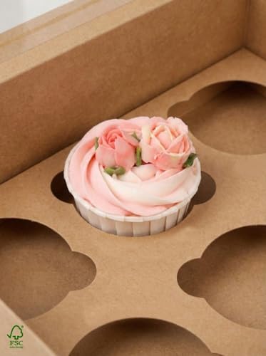 qiqee Auto-pop Up Cupcake Boxes with Window Brown 40PCS 12 Count Cupcake Box 13"x10"x3.5" Cupcakes Carrier, 12 Cupcake Containers with 2 rolls of pink ribbons