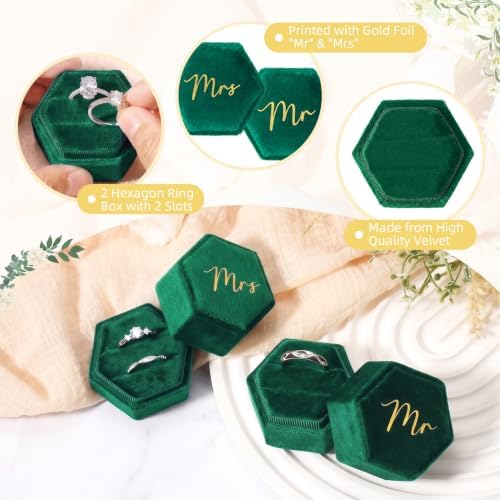 Mr & Mrs Velvet Wedding Ring Box 2 Slots Cursive Hexagon Jewelry Ring Box for Wedding Day Ceremony Bridal Photography Gift Set of 2 (Emerald Green)
