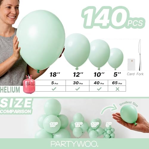 PartyWoo Light Green Balloons 140pcs Mint Pastel Peppermin Green Color