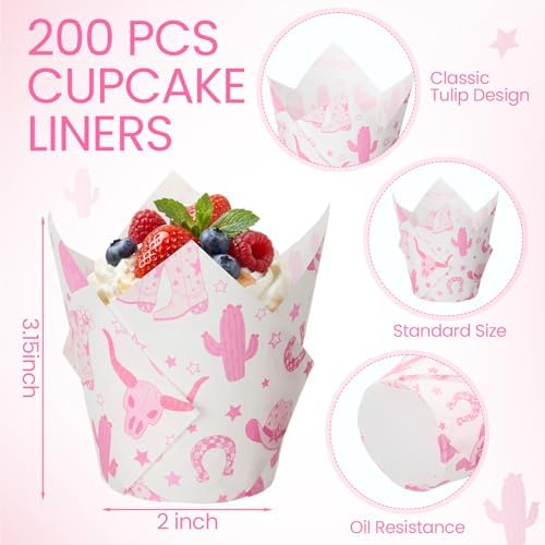 Maxdot 200 Pcs Western Cowgirl Tulip Cupcake Liners for Baking Western Theme Paper Muffin Baking Cups Pink West Tulip Muffin Liners Wrappers for Baby Shower Birthday Bachelorette Party