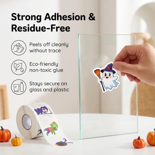 500 PCS Cute Halloween Stickers Roll, 1.5" Die-Cut Cartoon Ghost Pumpkin Zombie Decals, 8 Spooky Self-Adhesive Paper Labels for Teacher Classroom Rewards, Party Favors, Trick or Treat Envelope Seals