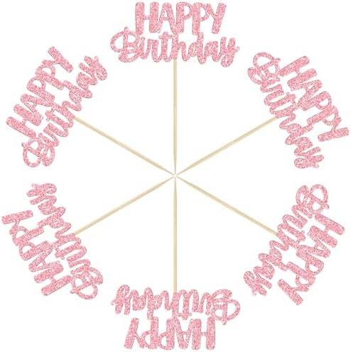 Gyufise 24pcs Happy Birthday Cupcake Toppers - Pink Glitter Celebrating Cake Picks - Baby Shower & Kids Party Decoration Supplies