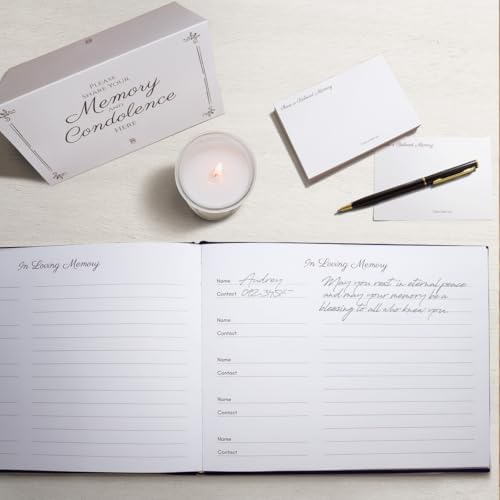 Rymori Funeral Guest Book for Memorial Service - with Pen, Cards, Table Sign & Back Pocket, Guests Sign in Book Celebration of Life | in Loving Memory Memorial Service Guest Book, Navy Blue Linen