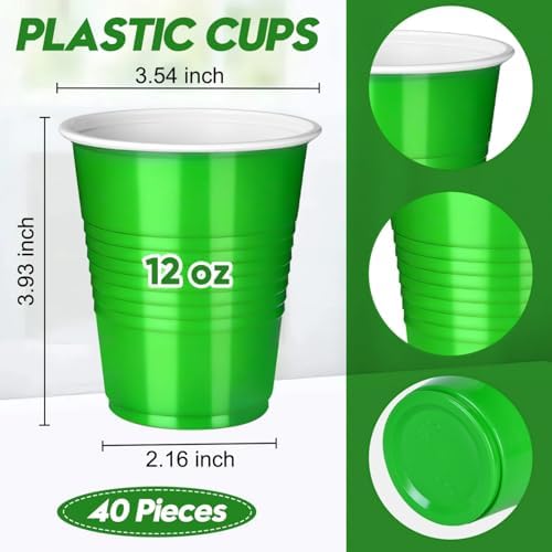 Vumdua Green Plastic Cups Disposable Cups, 12 oz Plastic Party Cups for Christmas, St Patrick's Day, Wedding, Birthday Party Supplies, Pack of 40
