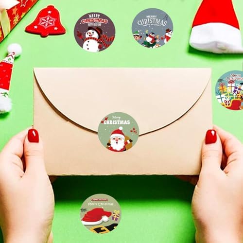 500pcs Christmas Stickers Roll for Cards 8 Designs Santa Claus Snowmen Elk Xmas Winter Holiday Round Adhesive Label Stickers Decal for Xmas Cards DIY Gift & Party Favor Decorations