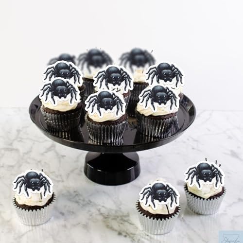 60 PCS Edible Halloween Spider Cupcake Toppers Wafer Paper Black Horror Spider Cupcake Picks Edible Halloween Party Decorations for Baby Shower Birthday Party Cake Food Decorations Supplies