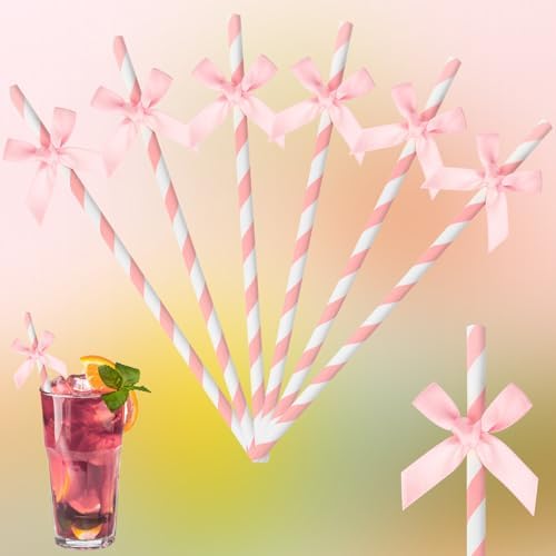 24 Packs Pink Bow Biodegradable Striped Paper Straws, Pink and White Disposable Drinking Straws for Birthday Carnival Summer Pool Party Wedding Baby Shower Halloween Party Decoration Supplies