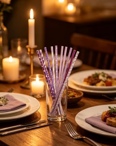Purple Paper Straws for Drinking Purple Disposable Straws 150pcs Disposable Straws Bulk（10 Pattern） qiqee