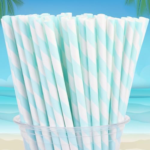 100 Packs Light Blue Biodegradable Striped Paper Straws, Disposable Drinking Straws for Birthday Carnival Summer Pool Party Wedding Baby Shower Halloween Christmas Party Decoration Supplies