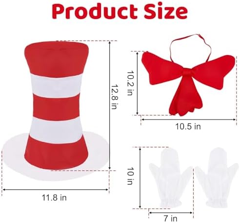4 PCS Cat Hat Halloween Costume Accessories, Red White Striped Hat/Red Bow Tie/White Gloves for World Book Day Halloween Cosplay and Dress Up