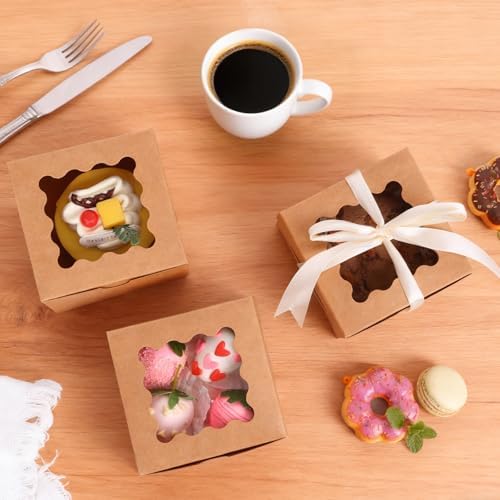 Moretoes 24pcs Small Cookie Boxes with Window, 4x4x2.5In Brown Bakery Boxes