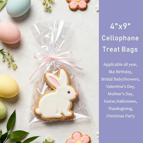 Yotelab Cellophane Treat Bags, 4x9 In Cellophane Bags With Ties, 100 Pcs