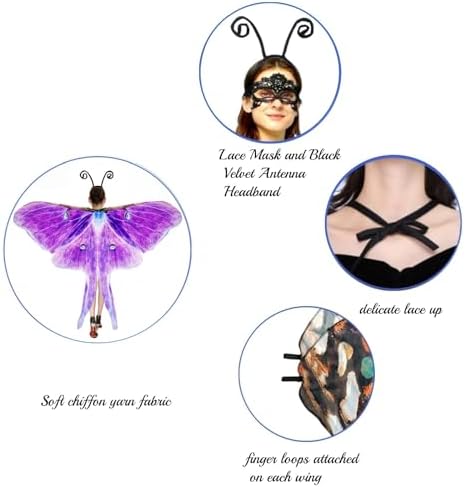 Halloween Butterfly Wings Costume for Womens, Moth Wings Butterfly Cape Adult Costume with Mask & Headband(3pcs)