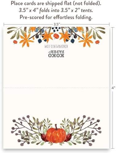 Koko Paper Co Thanksgiving Table Place Cards with Pumpkin and Fall Leaves | 50 Tent Style Dinner Setting Name Cards | Designed and Made in the U.S.A.