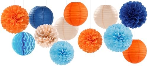 Navy-Blue Orange Champagne Party-Decorations Paper-Flowers - 15pcs Fall Birthday Baby Bridal Shower Tissue Pom Poms Lanterns Streamers Honeycomb, Wedding Bachelorette Hanging Supplies Decor Hugfond