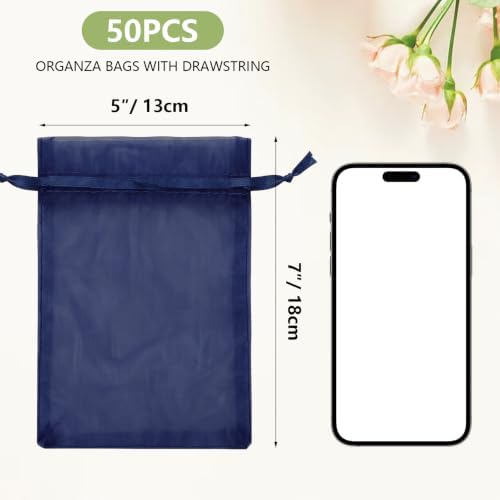 Wudygirl 50 Pcs Organza Bags, 5x7 IN Drawstring Gift Bags-Navy Blue