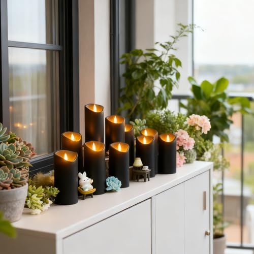 Nimiko Flameless Candles with Remote, Battery Operated Flickering Flameless Candles, LED Candles with Timer 2/4/6/8H, with Realistic LED Candles Set of 24 (D2.2 x H 5" 6" 7") (Black)