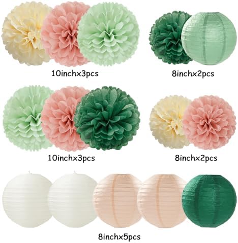 Sage-Green Pink Party-Decorations Paper-Flowers Lanterns - 15PCS Birthday Boho Rustic Tissue Pom Poms Streamers,Baby Shower Neutral Wedding Graduation Bridal Safari Hanging Supplies Decor Hugfond