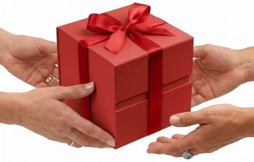 LIFELUM Red Gift Box for Christmas with Magnetic Lid, 7"x7"x7"
