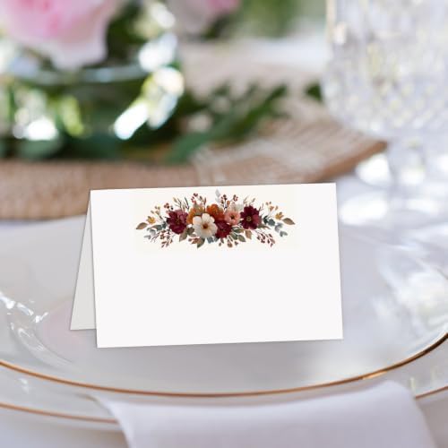 25Pcs Fall Floral Place Cards, Retro Boho Watercolor Rose Flower Tent Blank Name Cards, Seat Card for Autumn Party Wedding Buffet Party Table Setting Supplies, 2.1 x 3.5 Inch Folded -19