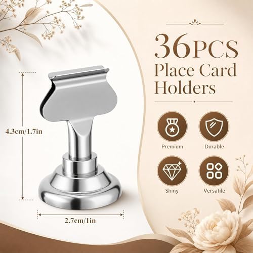 ERYTLLY 36 PK Place Card Holders 1.7 inches Table Card Holder Steel Card Holders for Weddings,Birthdays,Photos, Memo Notes, Restaurants (Silver 36PK)