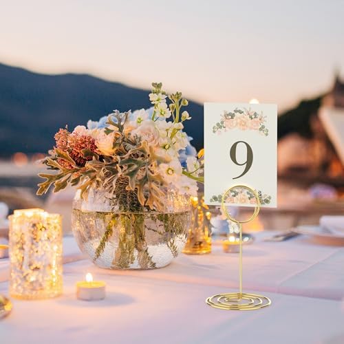 Radezon 20 Pcs Gold Table Number Holders, 5-Inch Place Card Holders With Widened Base, Wire Photo Stands for Tables, Name Menu Clips for Wedding Reception, Centerpieces and Events