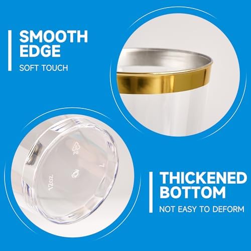 RACETOP 12 oz Disposable Plastic Cups with Gold Rim, 200 Pack