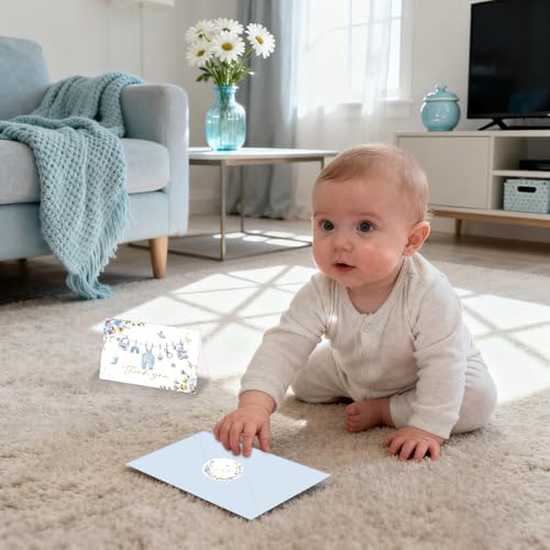 48 Pack Blue Flower Baby Shower Thank You Cards, Boy Baby Gift Card with Envelopes and Stickers, Greeting Cards Bulk for Baby Shower Party