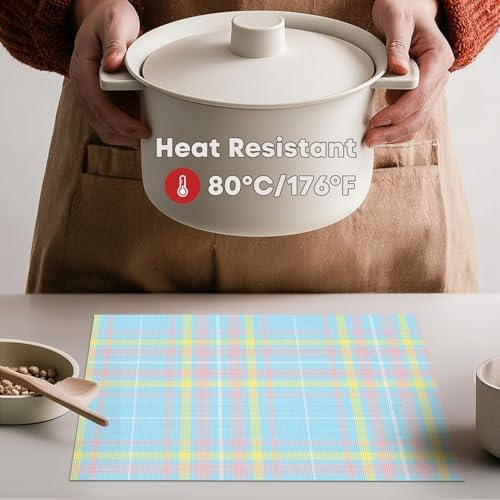 Artoid Mode Blue Striped Check Vinyl Placemats Set of 4, Heat Resistant Non-Slip Woven Plastic PVC Place Mats for Party Kitchen Dining Decor