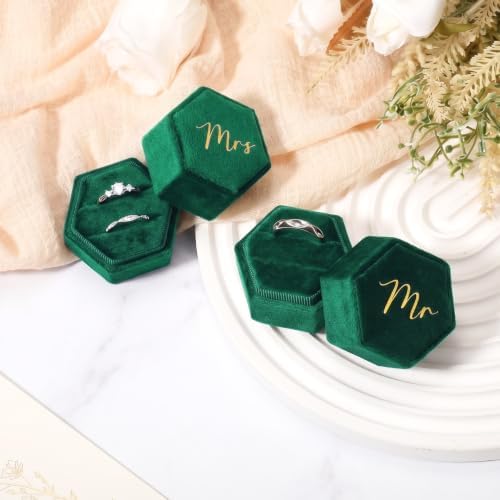 Mr & Mrs Velvet Wedding Ring Box 2 Slots Cursive Hexagon Jewelry Ring Box for Wedding Day Ceremony Bridal Photography Gift Set of 2 (Emerald Green)
