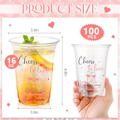 100 Pcs Bee Party Cups 16 oz, Pink, Cheers to Love