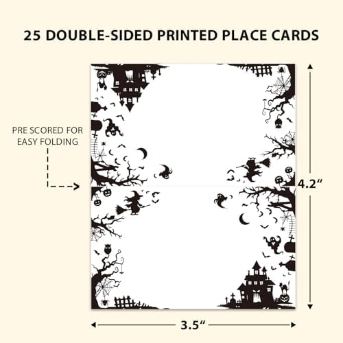 Halloween Place Cards for Table Setting, Tent Cards Decor For Birthday Baby Shower Autumn Party Reception Decorations, Bridal Shower Place Card, 25 Pack Birthday Food Name Card 2 x 3.5" /037
